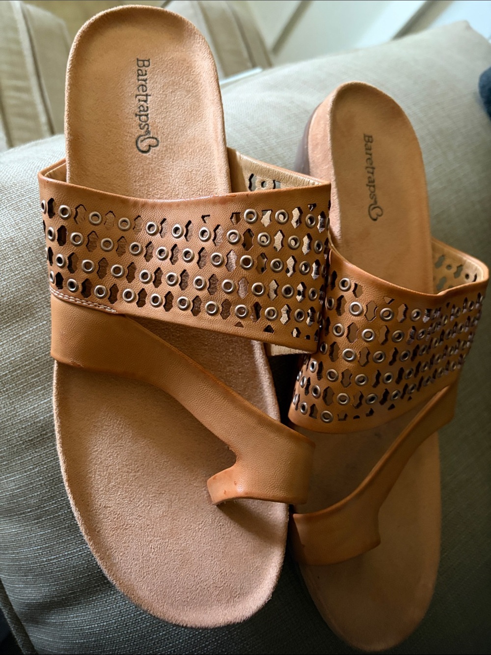 BareTraps Tan Perforated Toe-Post Slide Sandals
